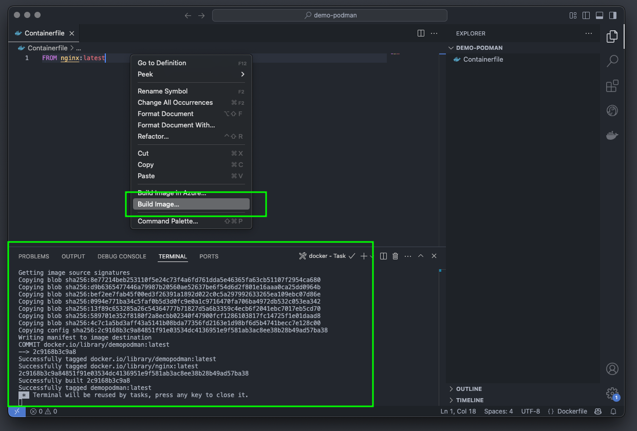 building a Containerfile in vs code using the microsoft extension